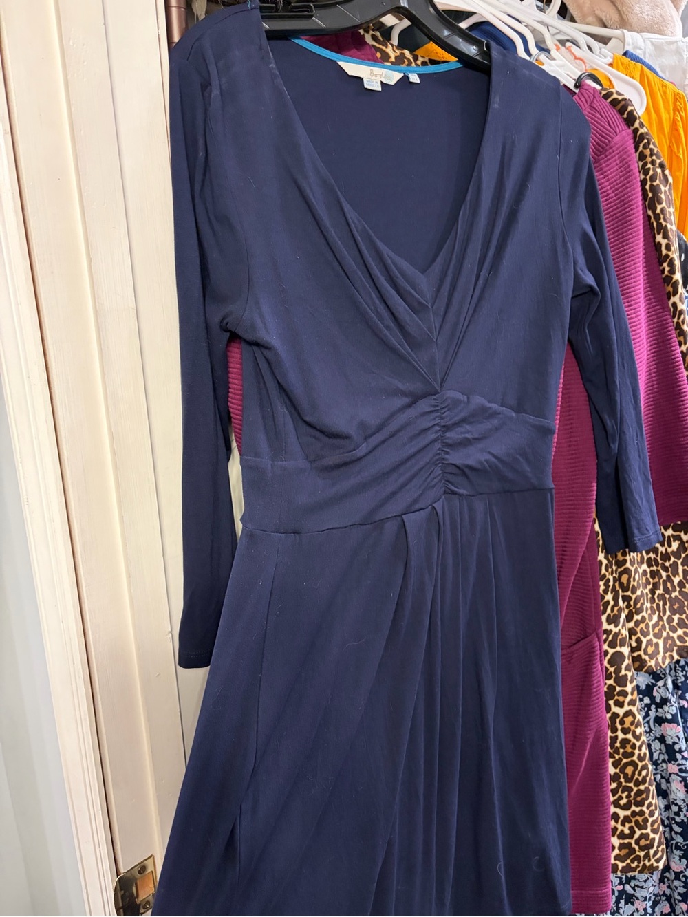 Boden Navy Long Sleeve V-Neck Gathered-Waist A-Line Dress
